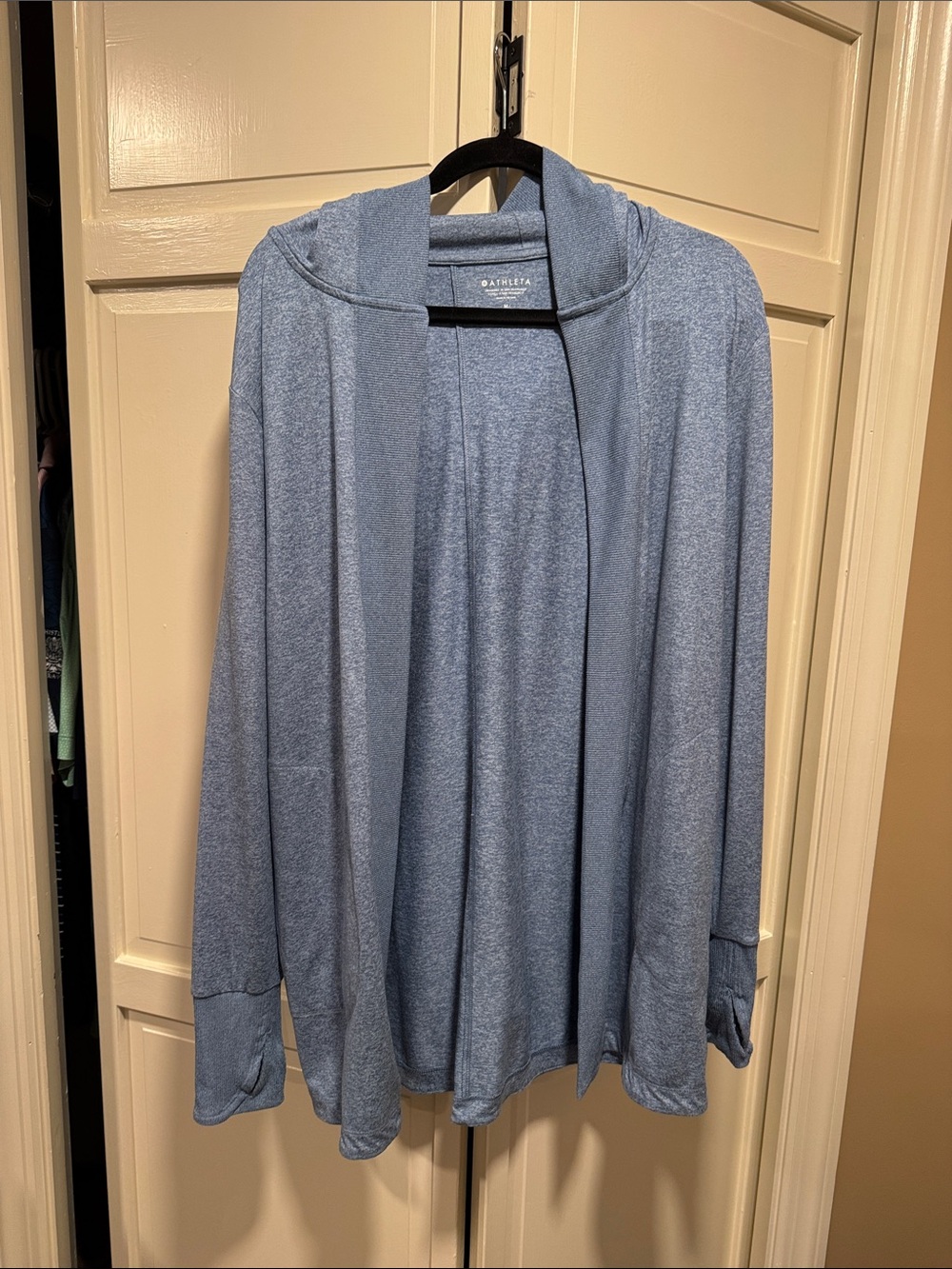 Athleta Dusty Blue Open-Front Hooded Cardigan
